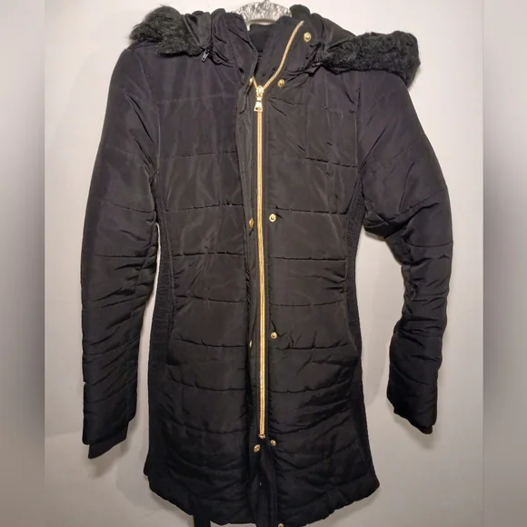 Express Hooded Black Puffer Coat with Gold Details - Picture 1 of 11